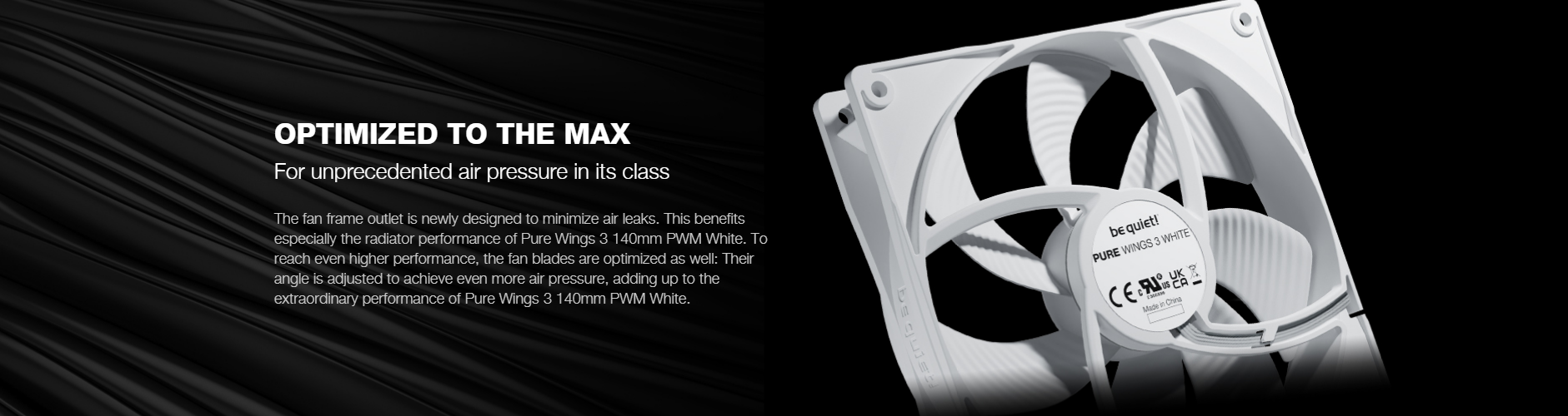 A large marketing image providing additional information about the product be quiet! PURE WINGS 3 140mm PWM Fan - White - Additional alt info not provided
